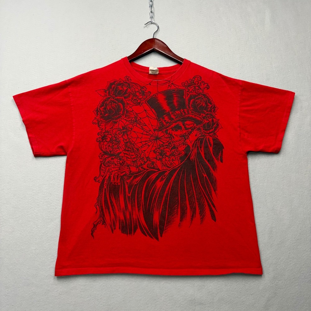 Delta Graphic T-Shirt Mens XL Red Y2K Skeleton Top Hat Roses Spider Web Tee